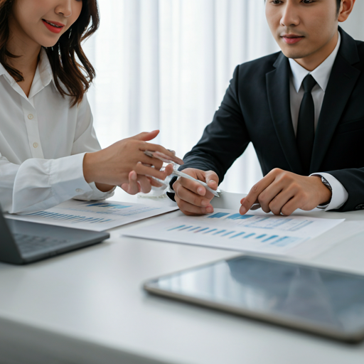 Two business professionals reviewing financial documents in a modern meeting room